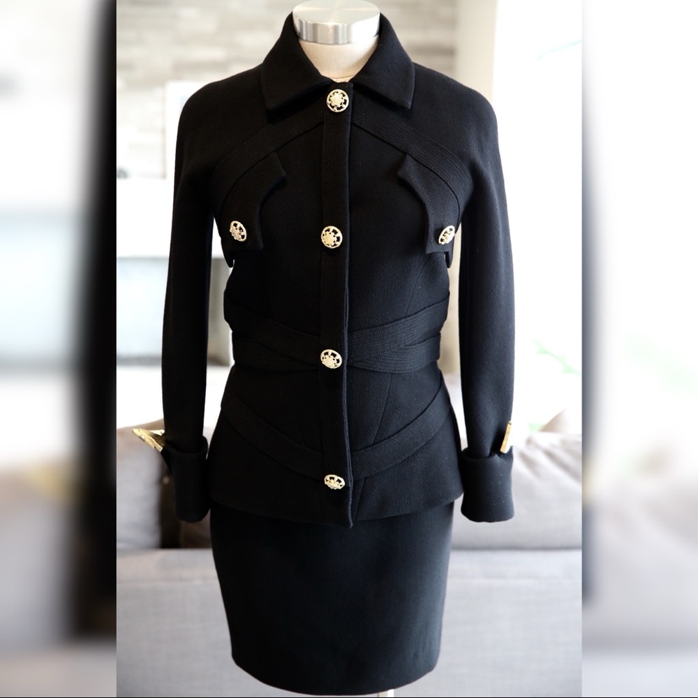 90’s Gianni Versace Black Bondage Jacket & Skirt. Wool 38